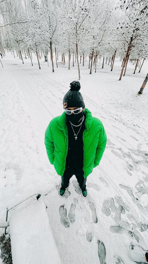 Man in Jacket, Hat and Sunglasses in Winter