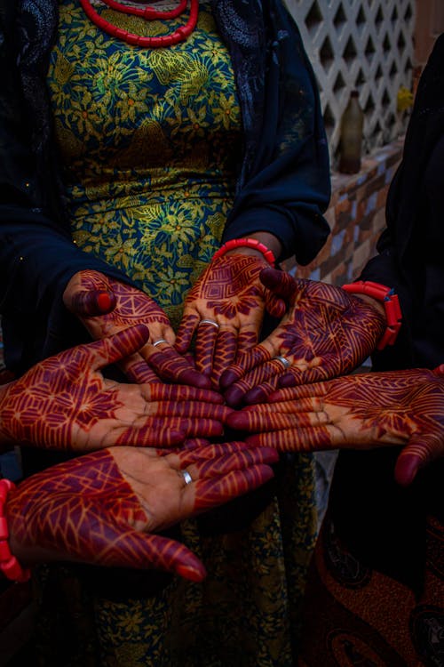 Hands Painted in Red Symbols for Ceremony