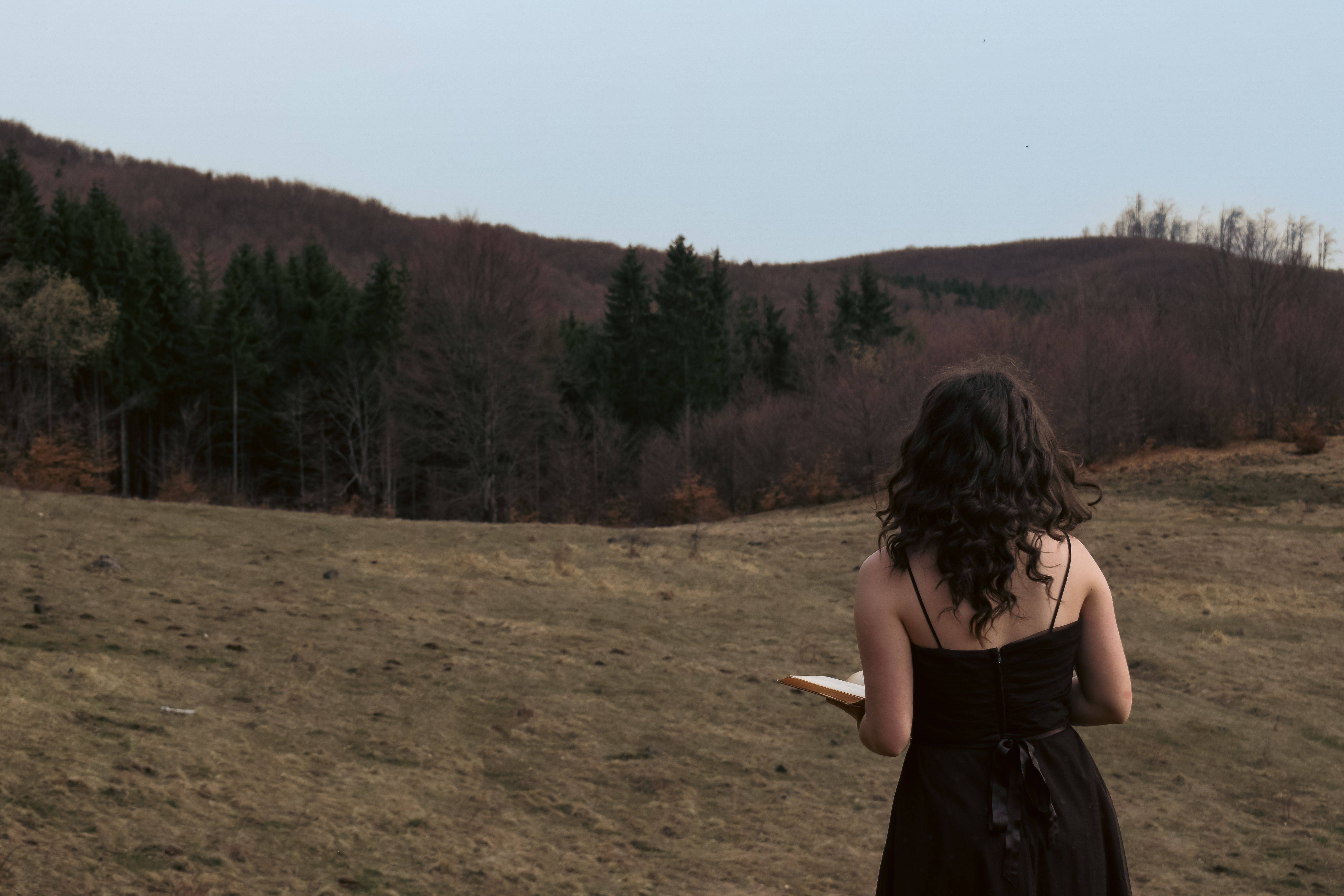 Back View of Woman in Black Dress on Grassland · Free Stock Photo