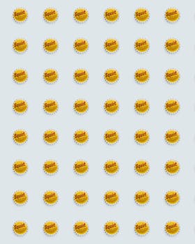 Aesthetic pattern of vintage Squirt bottle caps with a bright yellow and red design on a white background.