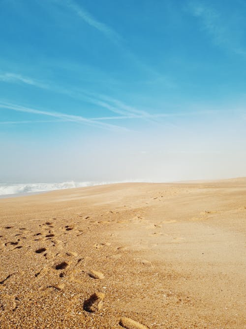 Footprints on the Sandy Beach Under the Blue Sky