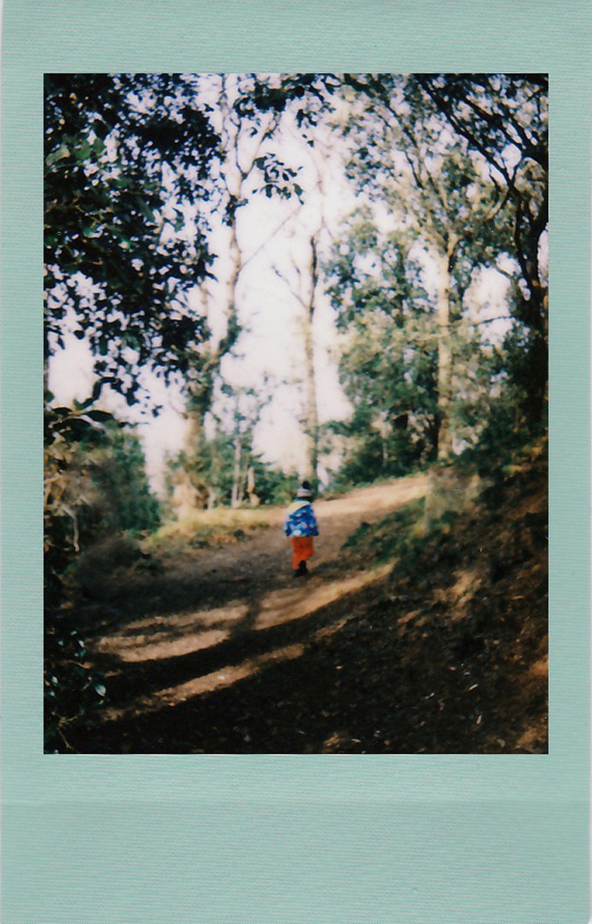 A child walks along a dirt path in a forest, captured in a polaroid frame.