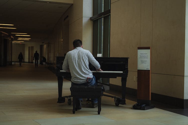 Back View Of A Man Playing Piano 