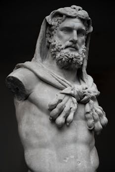 A dramatic marble sculpture of Hercules depicting classical Greek artistry and mythological themes.