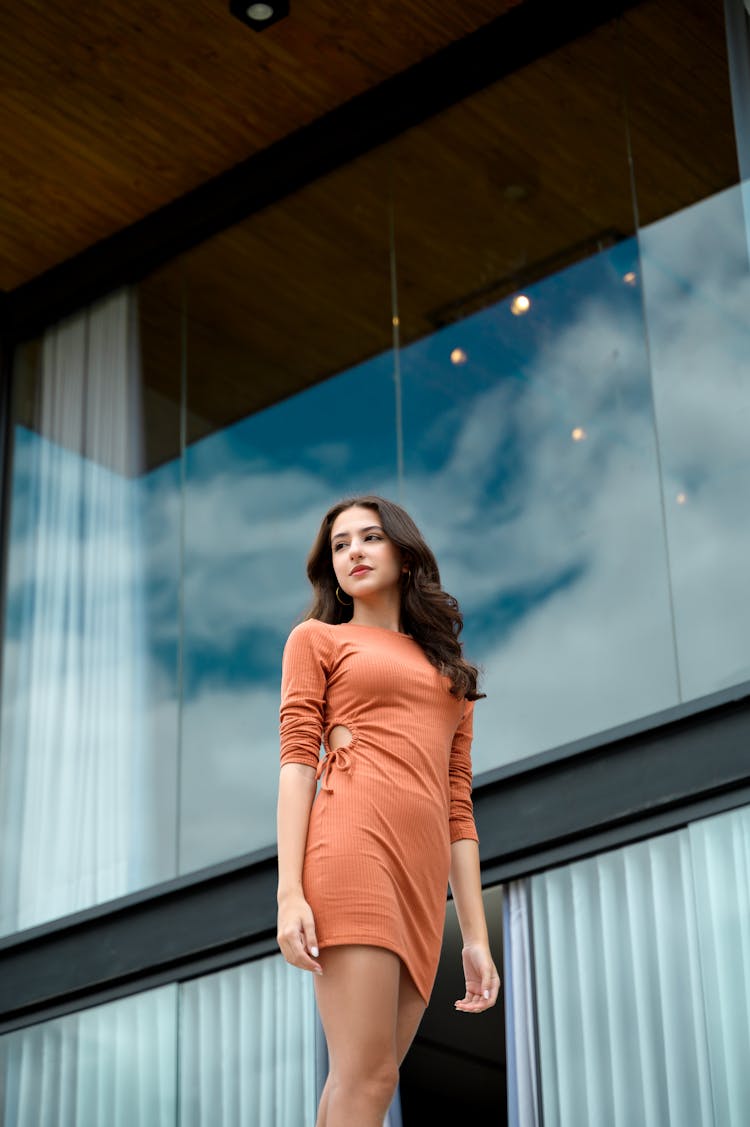 Woman In Dress Posing Near Glass Building