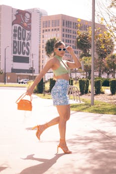 Stylish woman in sunglasses and summer outfit walks through Tampa's cityscape.