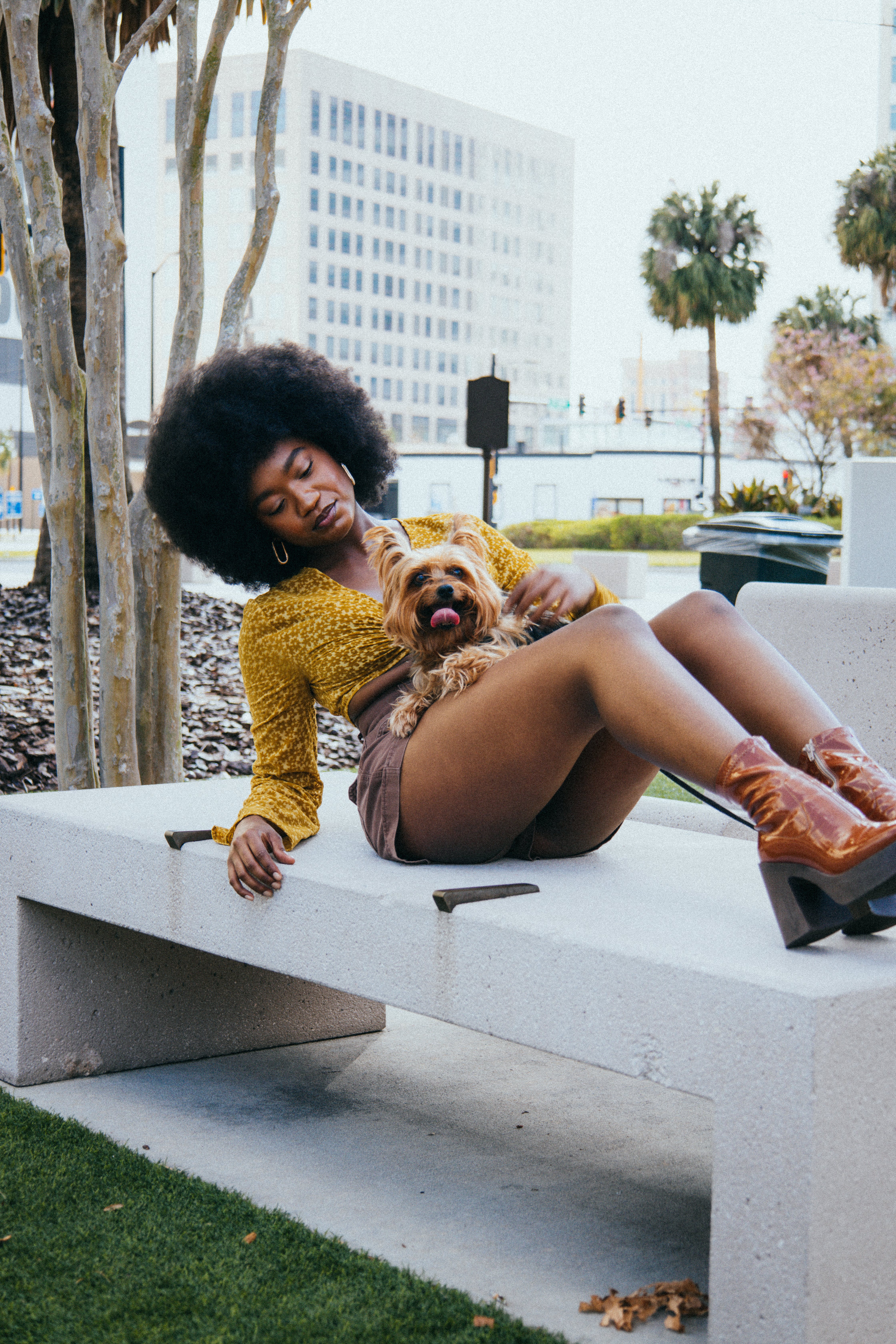 a woman with an afro sitting on a bench with a dog