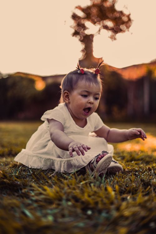 Free Charming baby girl sitting on grass in a white dress during a summer sunset, capturing playful innocence. Stock Photo