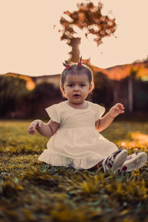 Free A cute child in a white dress sits on the grass at sunset, surrounded by a serene outdoor setting. Stock Photo