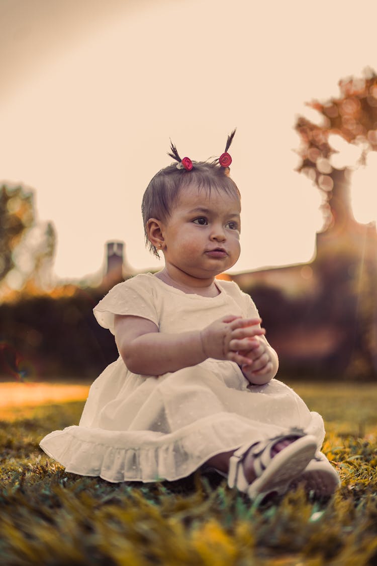 Portrait Of A Cute Baby Girl Sitting On The Lawn 