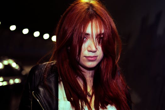A captivating portrait of a woman with red hair under night lights.