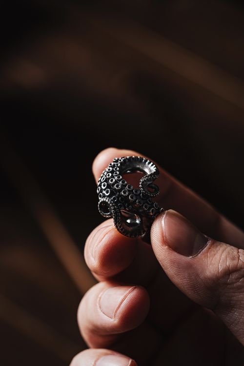 Free Closeup of a detailed silver octopus ring being held. Stock Photo