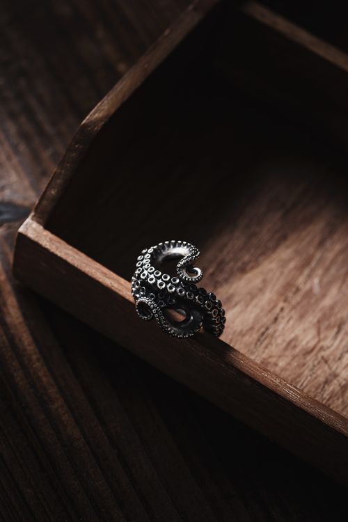 Free An oxidized silver ring shaped like an octopus tentacle displayed in a wooden box. Stock Photo