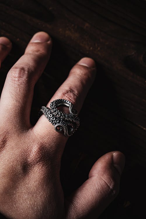 Closeup of a Mans Hand with an Octopus Shaped Metal Ring