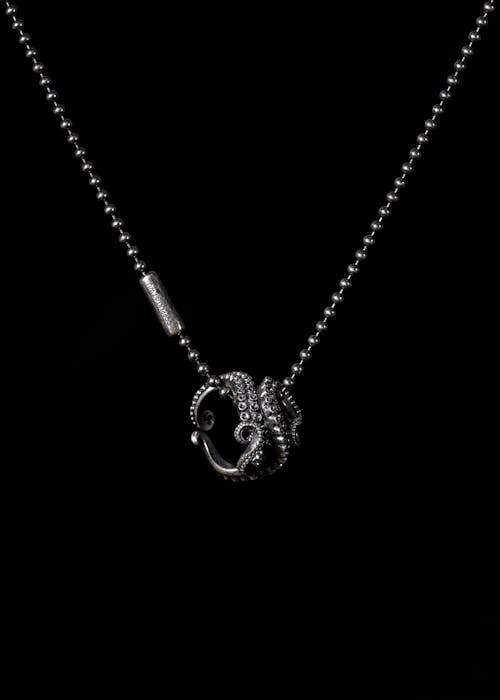 Metal Chain with an Octopus Shaped Ring, Hanging against Black Background