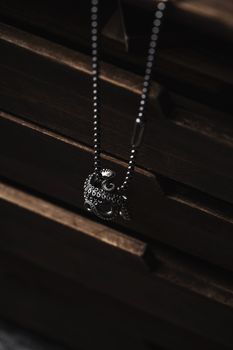 Close-up of a silver octopus pendant necklace with intricate details hanging against a dark wooden background.