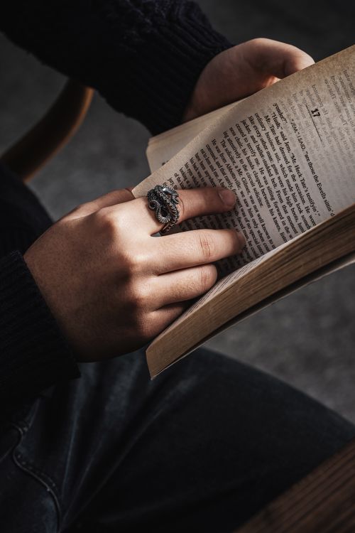 Free A detailed focus on a person's hand holding an open book, adorned with a unique ring. Stock Photo