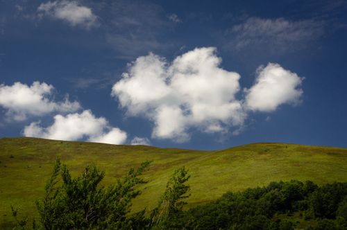Free Expansive green hills under a vibrant blue sky filled with fluffy clouds, showcasing natural beauty. Stock Photo