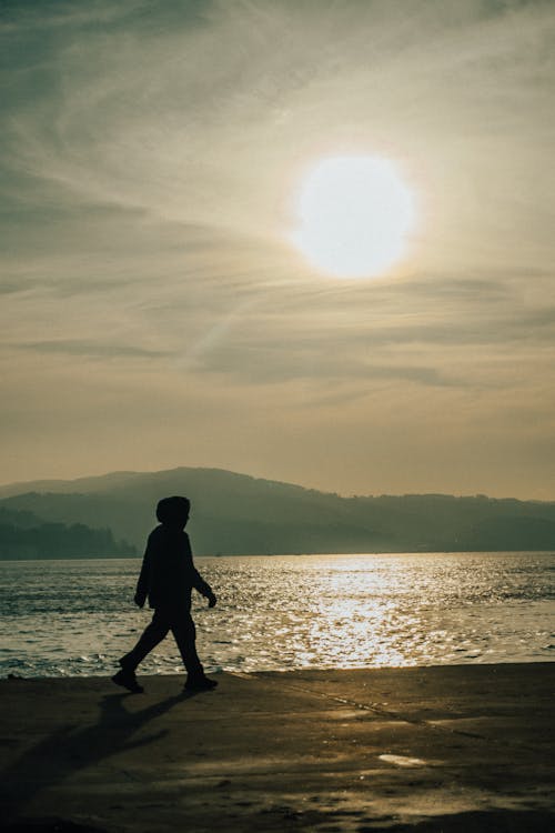 Sunlight over Person Walking on Shore