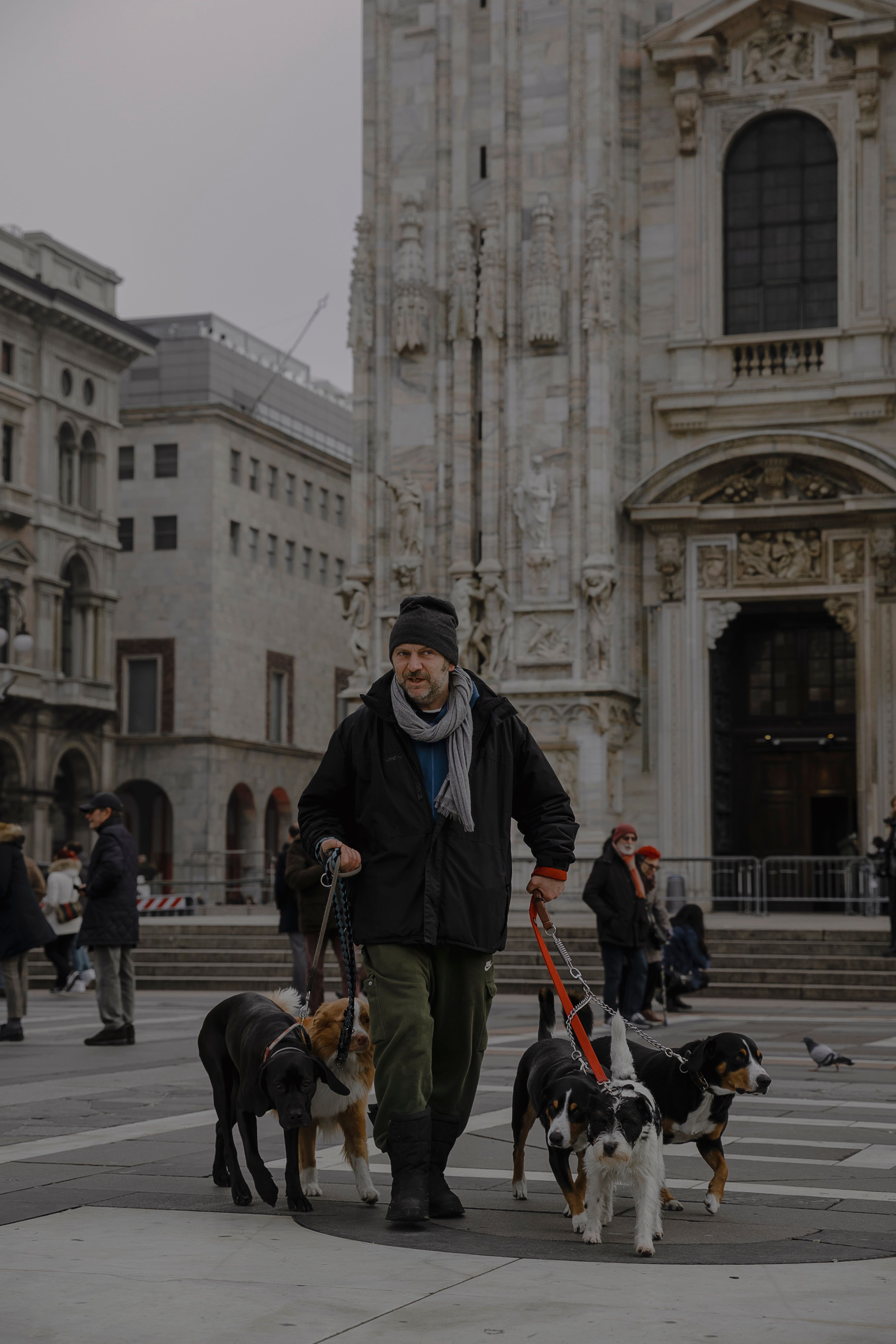 A man walking several dogs near a historic European cathedral in an urban setting.