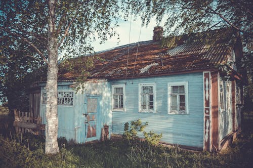 Free Photo of Teal Wooden Cottage Under Trees Stock Photo