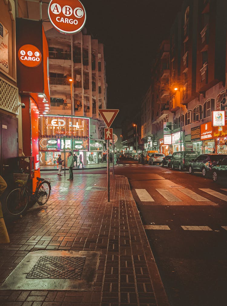 Downtown City Street With Lights At Night