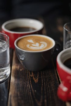 A captivating still life featuring a cappuccino with latte art, surrounded by coffee cups and a glass of water.