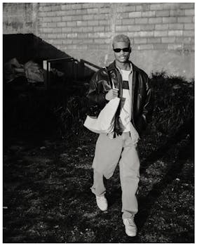 A fashionable man poses outdoors in a black and white style, exuding confidence.