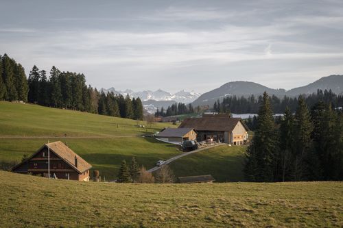 Free A picturesque alpine village surrounded by lush greenery and distant mountains under a clear sky. Stock Photo