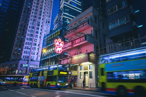 Free Buildings in Downtown Hong Kong at Night Stock Photo