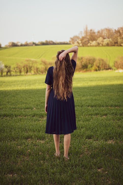 Woman with Long Hair Posing in Summer Field 