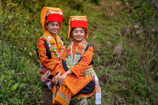 Two women smiling in colorful traditional clothing sitting outdoors with greenery around.