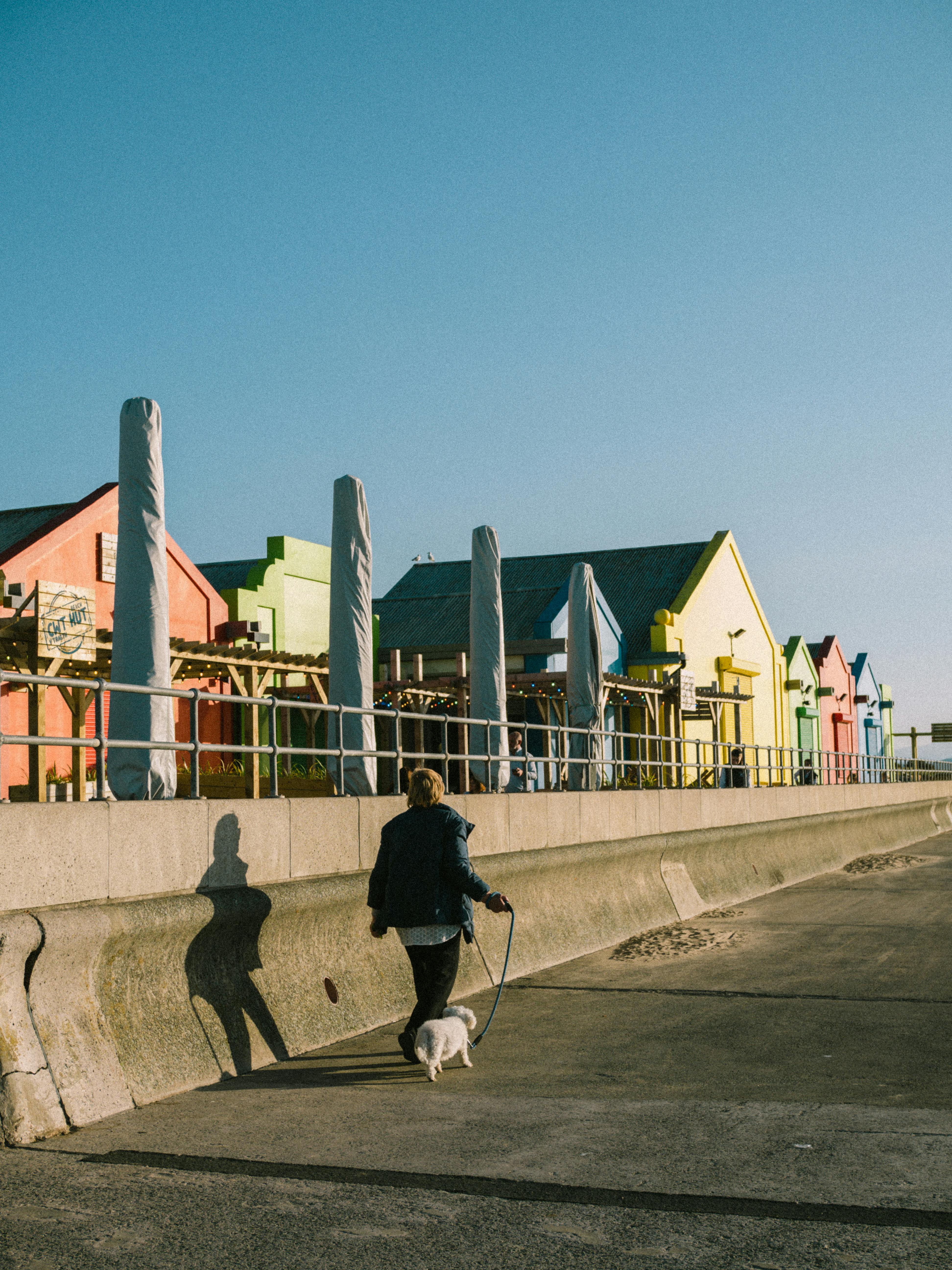 A woman walking her dog along the vibrant beach huts under a clear blue sky.
