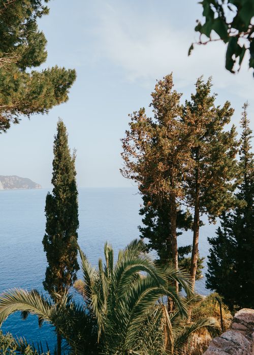 Free Explore the serene coastal scenery of Kerkyra with lush greenery and a scenic sea view. Stock Photo