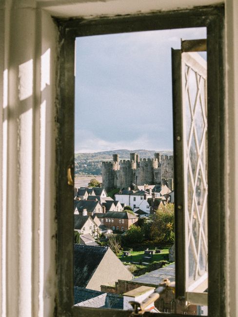 Charming view of Conwy Castle and town from an open window, capturing the essence of Wales.