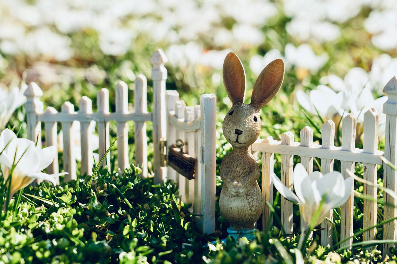 cute bunny figurine beside a white fence in a lush spring garden with