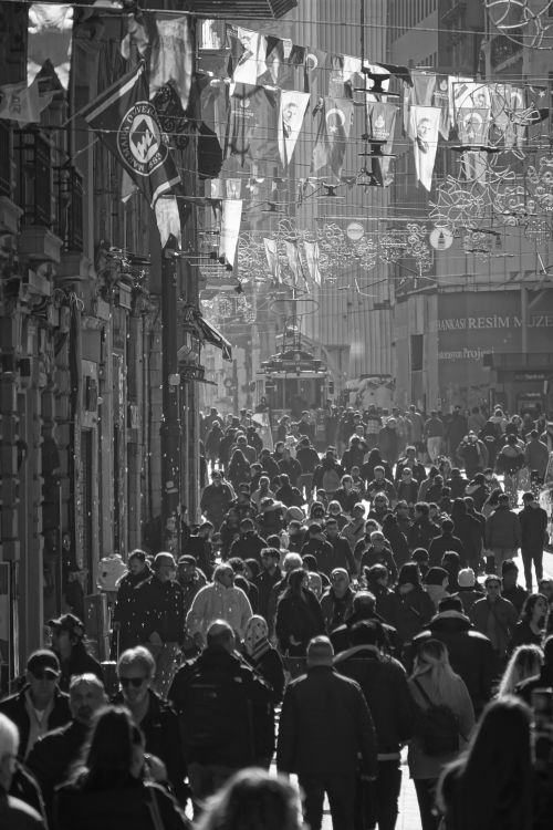 Free A lively street scene in Istanbul captured in black and white, showcasing the vibrant city life. Stock Photo