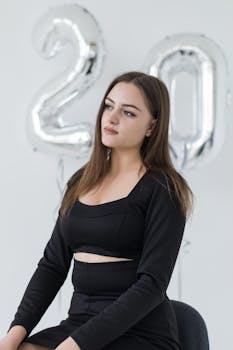 Elegant young woman in black with number balloons celebrating her 20th birthday indoors.