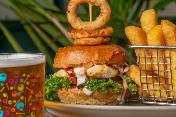 Hamburger And Fries On Plate