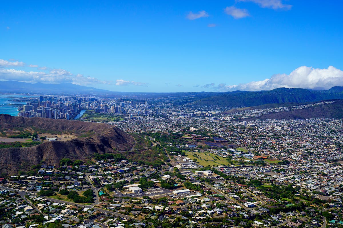 Diamond Head crater Lēʻahi with Honolulu spreading out below, Oahu Hawaii