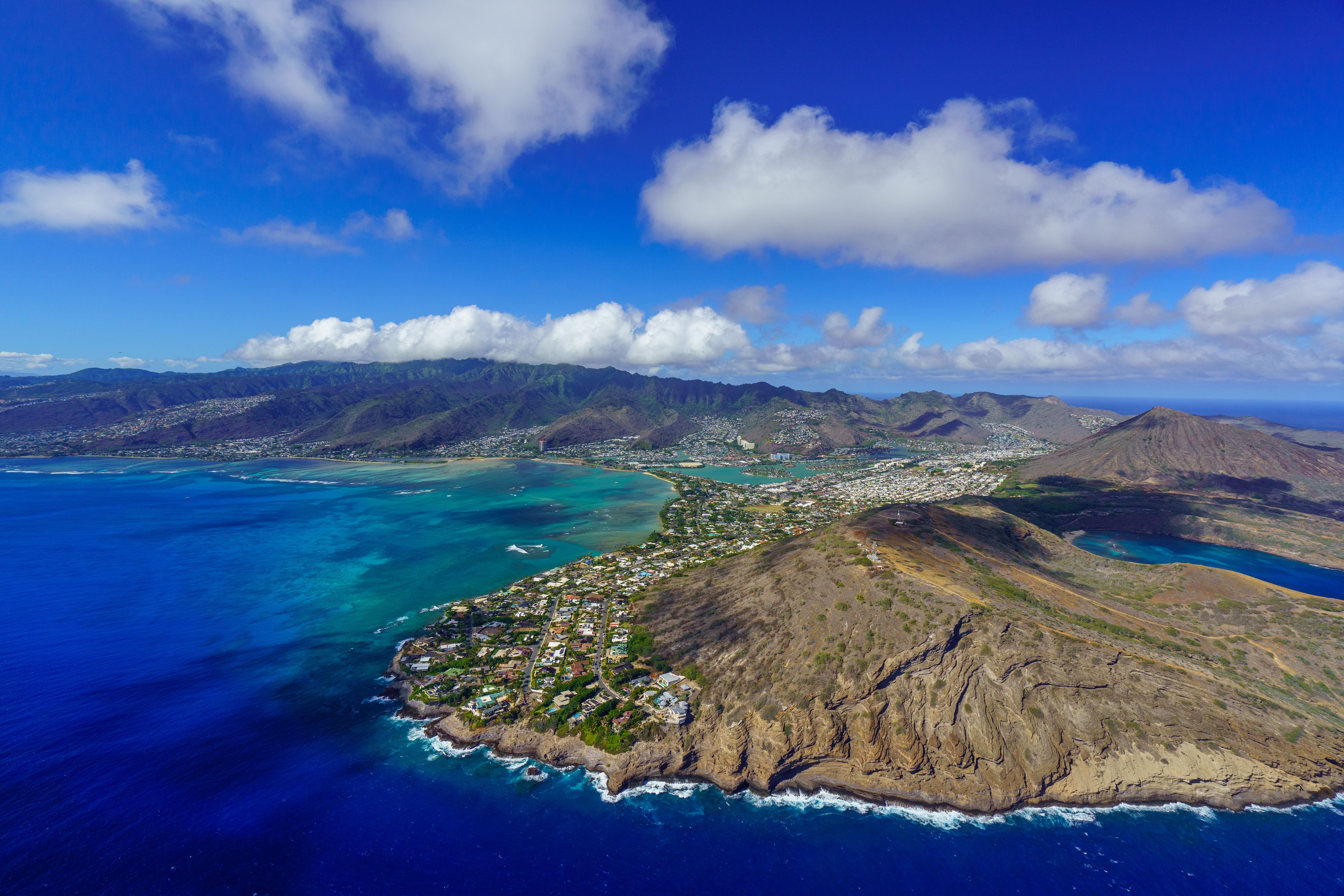 Aerial view of the quiet Kahala coastline on Oahu east of Diamond Head