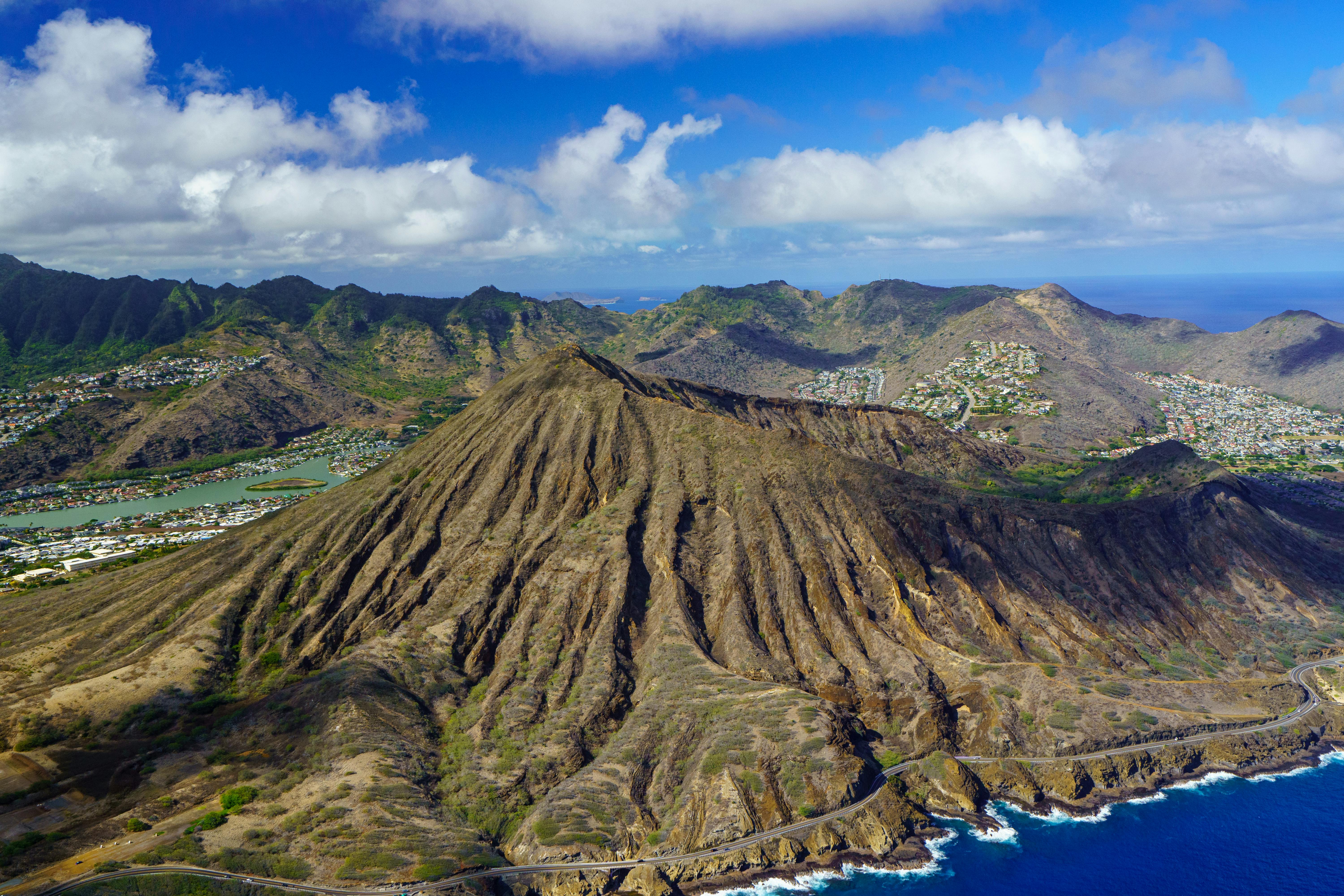 Koko Head crater aerial Oahu — 1,048 railway stairs + 1,200ft summit + sunrise hike