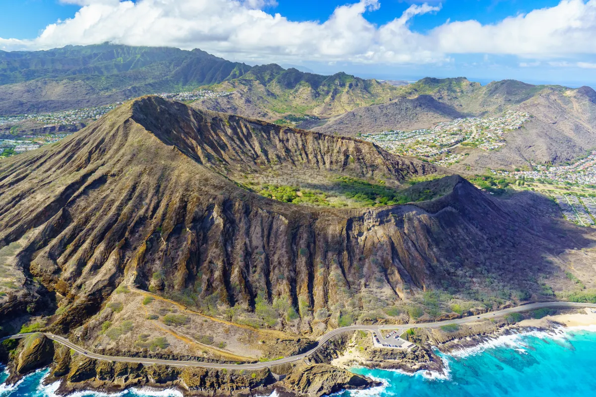 Aerial view of Diamond Head crater and its hiking trail on Oahu