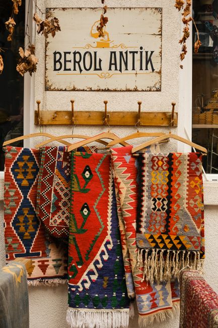 Traditional Turkish rugs displayed at Berol Antik in Istanbul.