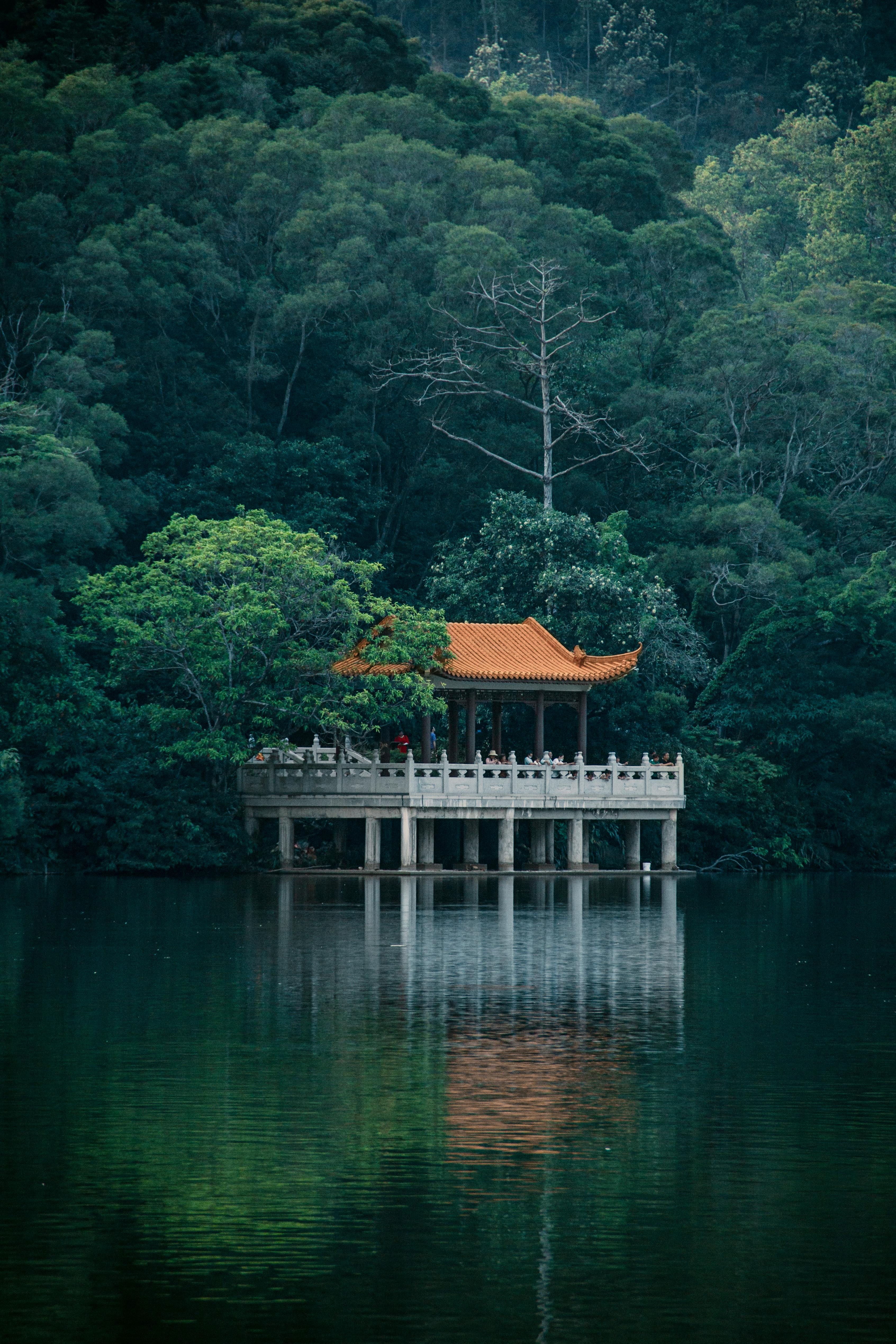 A tranquil scene of a traditional pavilion surrounded by lush forest reflecting in a calm lake.