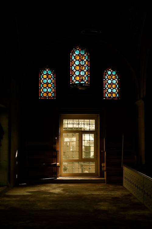 Church Interior with Stained Glass Windows
