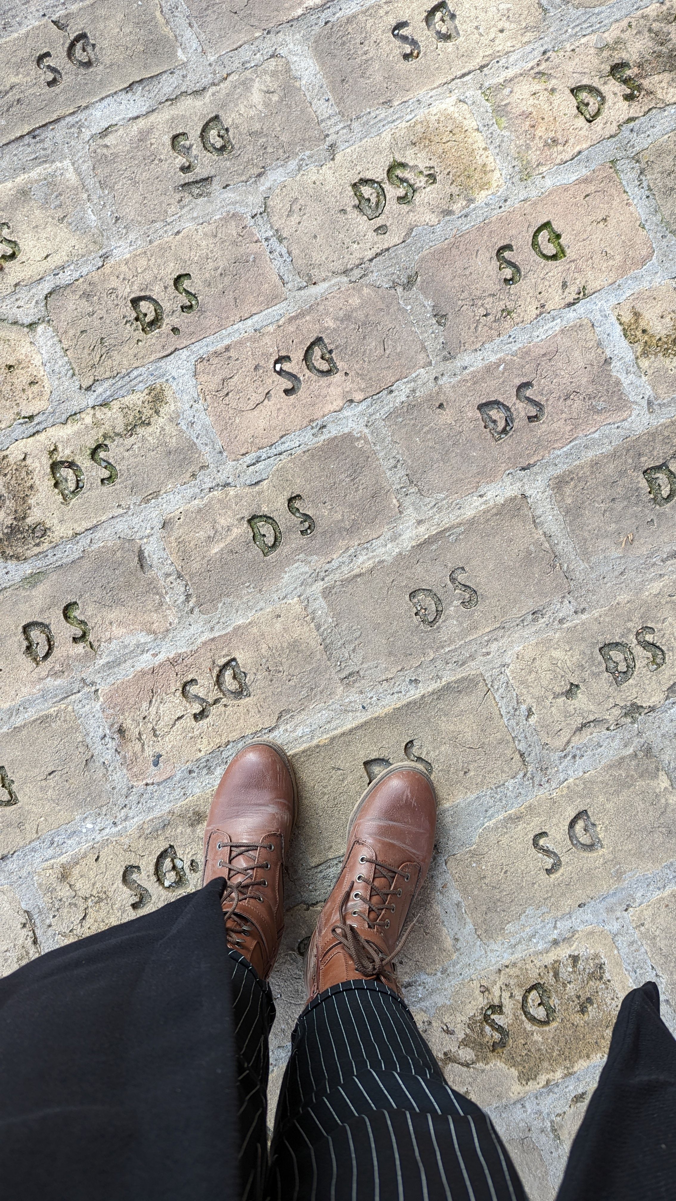 Close-up of brown boots with a trench coat on a patterned DS brick sidewalk, showcasing urban fashion and texture.