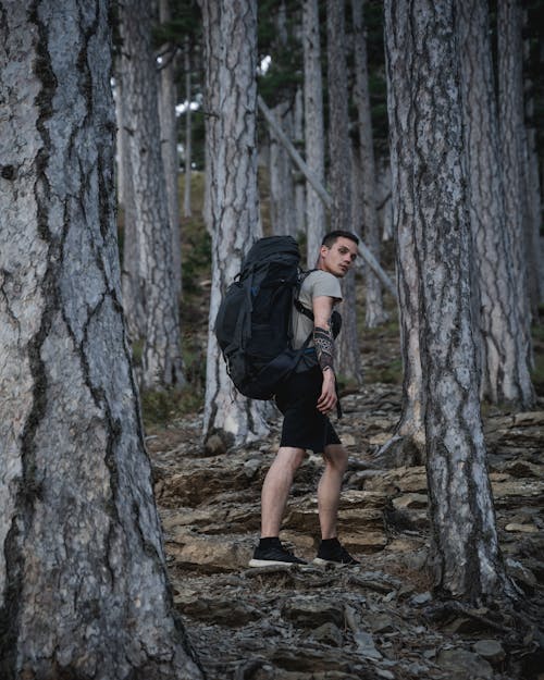 A Man with a Backpack in a Forest