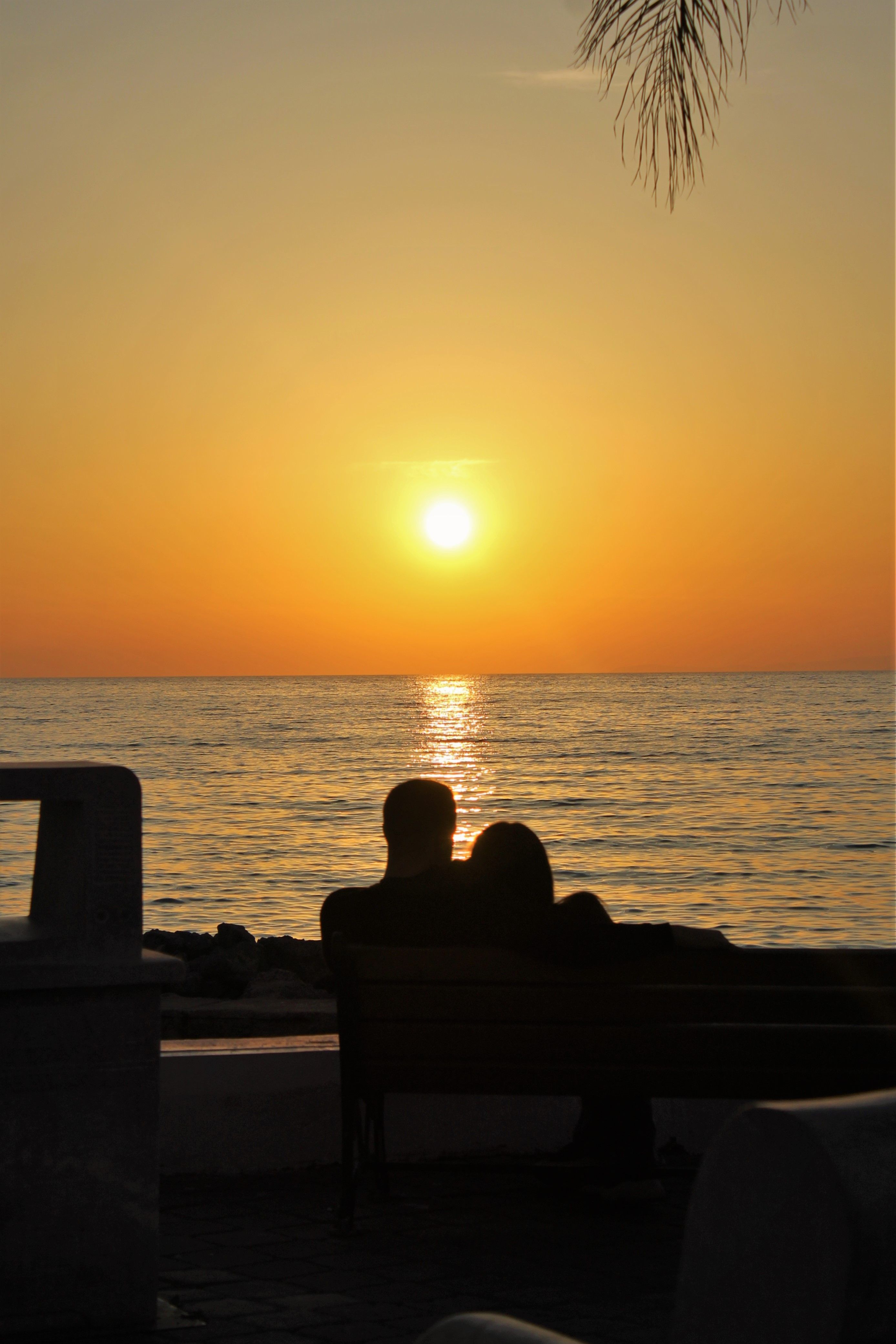 Silhouetted Couple Sitting on a Bench on the Shore, Watching the Sunset ...