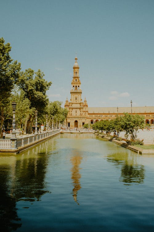 Clear Sky over Pond and Tower at Plaza de Espana